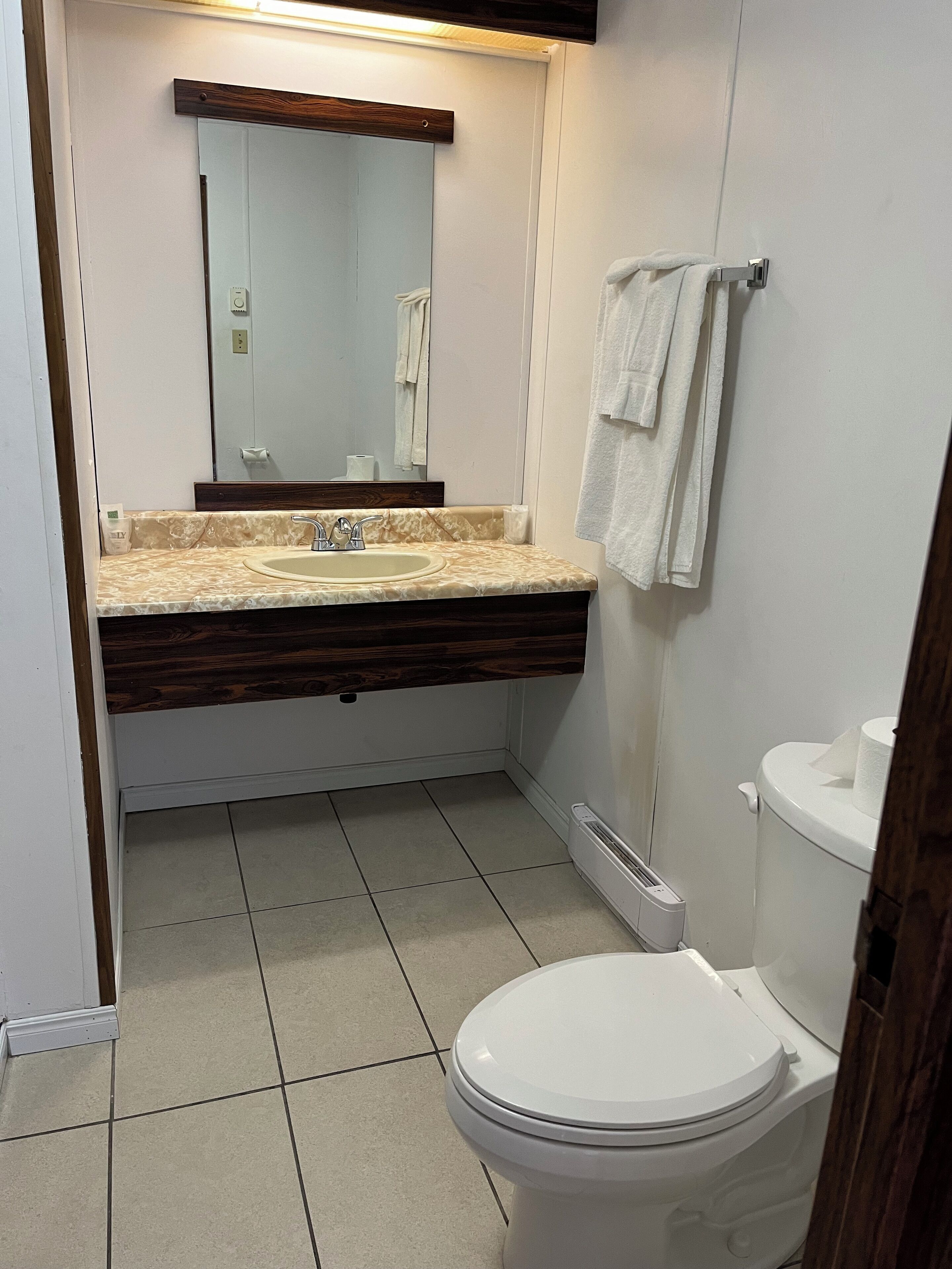 A bathroom with a white toilet, a sink with a marble countertop, a mirror, and a towel rack.