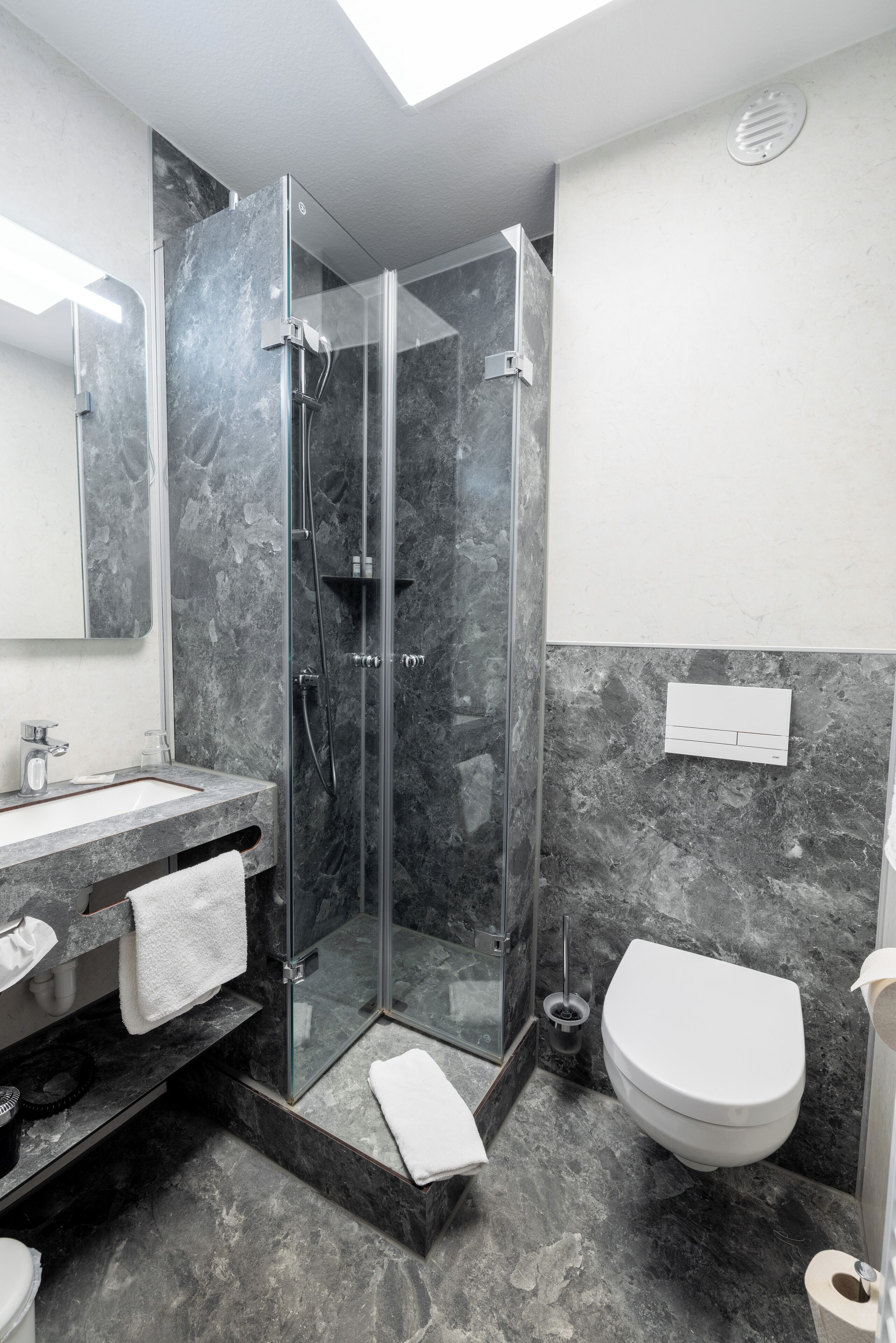 A modern bathroom with a glass-enclosed shower, a marble sink, and a toilet.