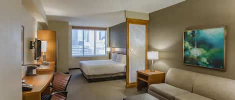 Una habitación de hotel con una cama, un escritorio con una silla, un sofá, un televisor y un cuadro en la pared.