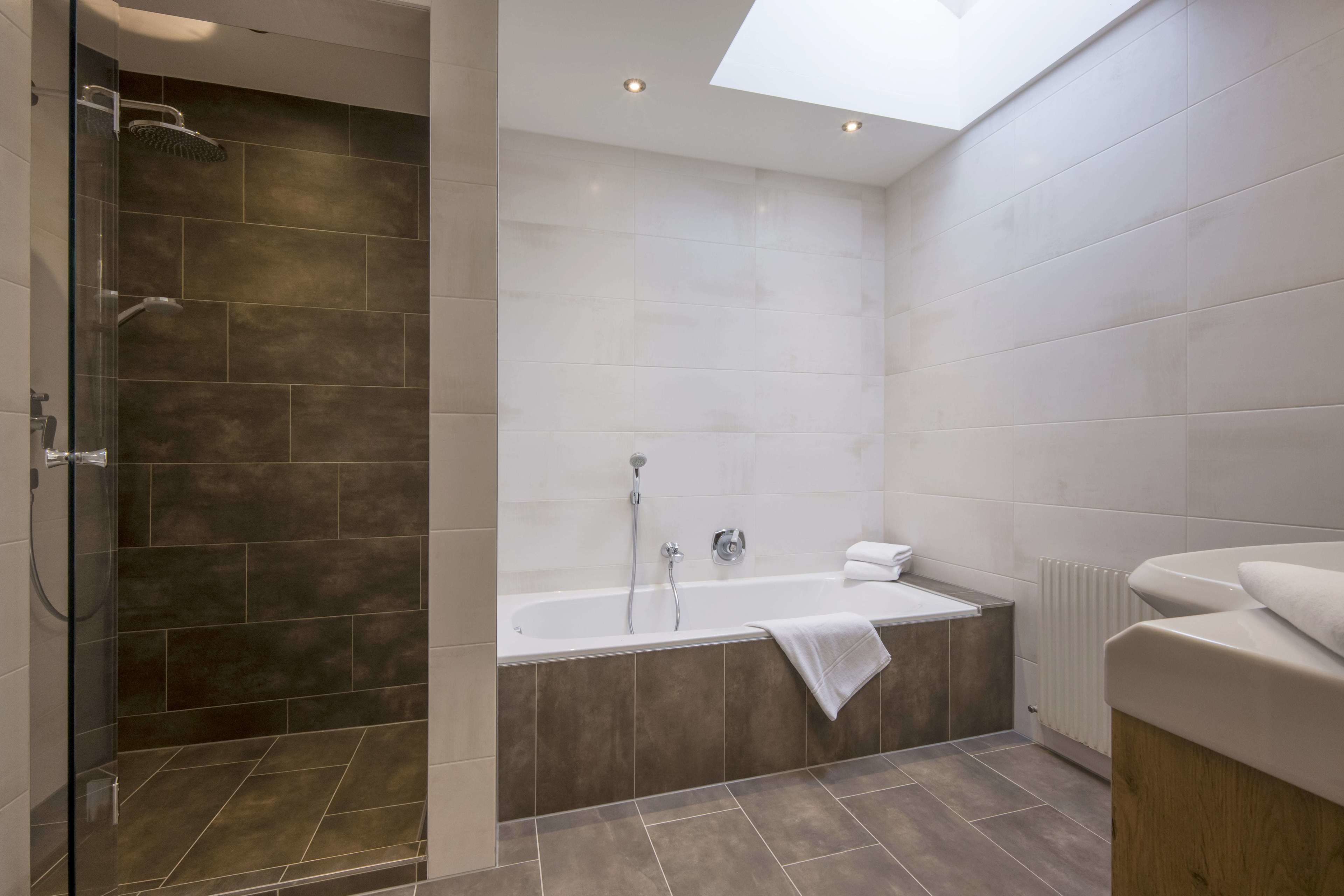 A modern bathroom with a glass-enclosed shower, a freestanding bathtub, and a skylight above the shower area.