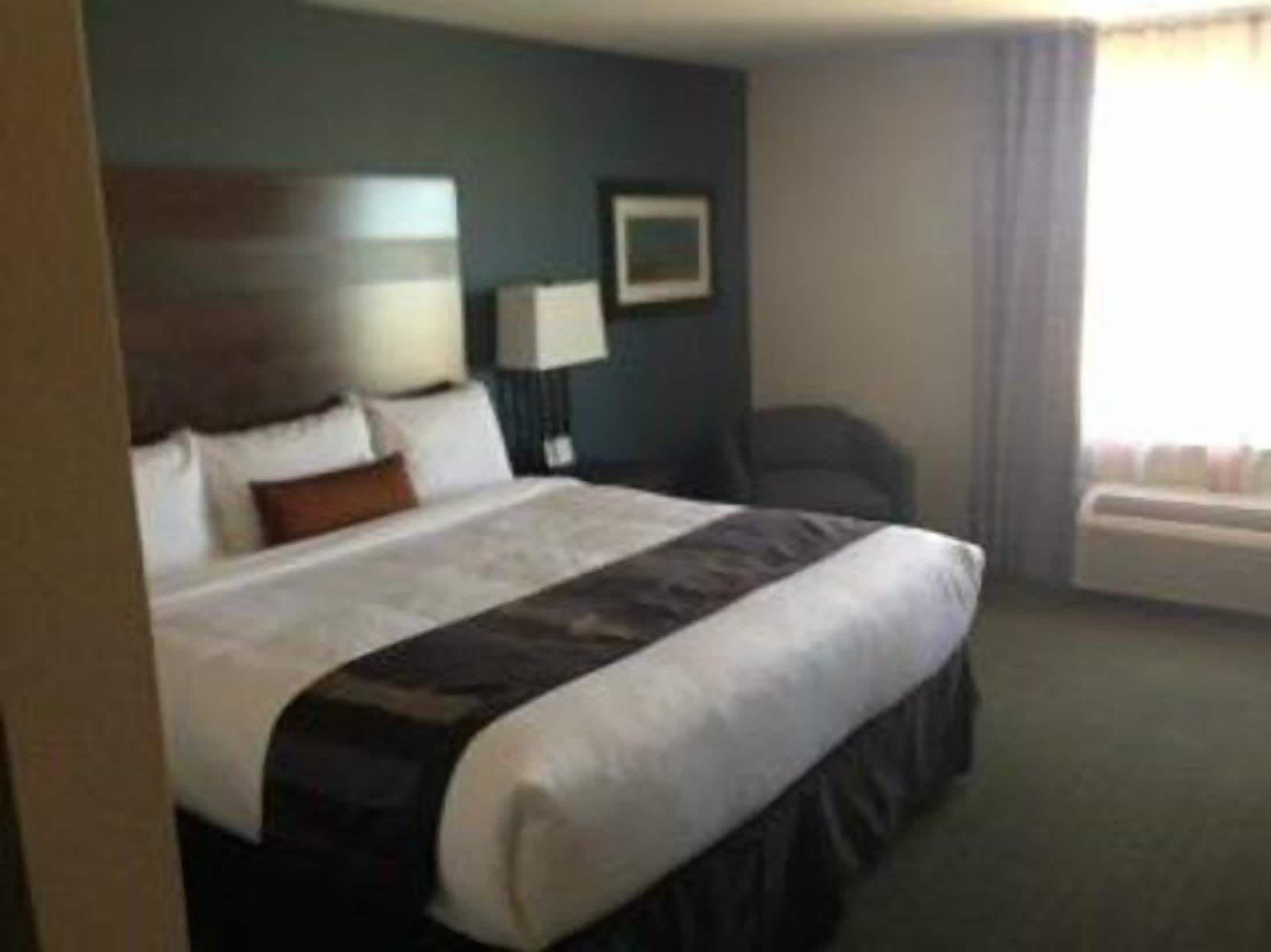 A hotel room with a large bed, a nightstand, a lamp, a chair, and a window with curtains.