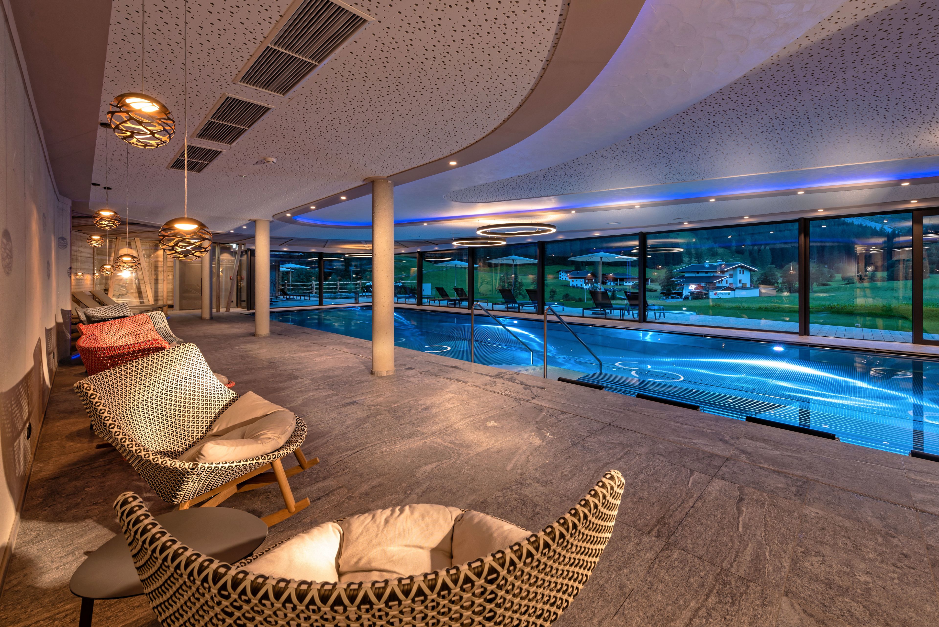 indoor pool, pool loungers
