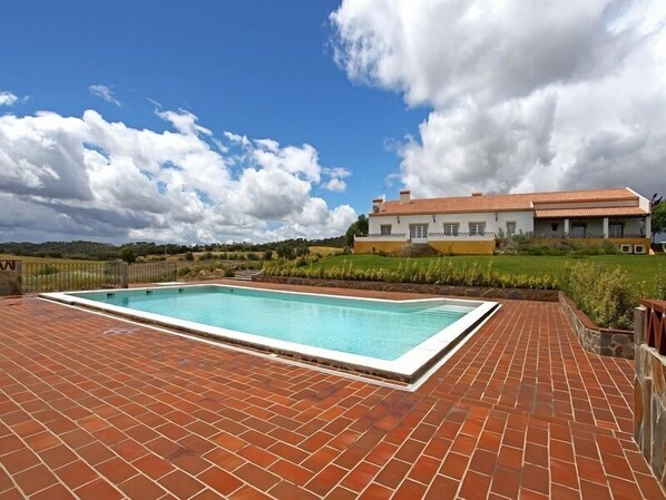 Outdoor pool, pool umbrellas, pool loungers