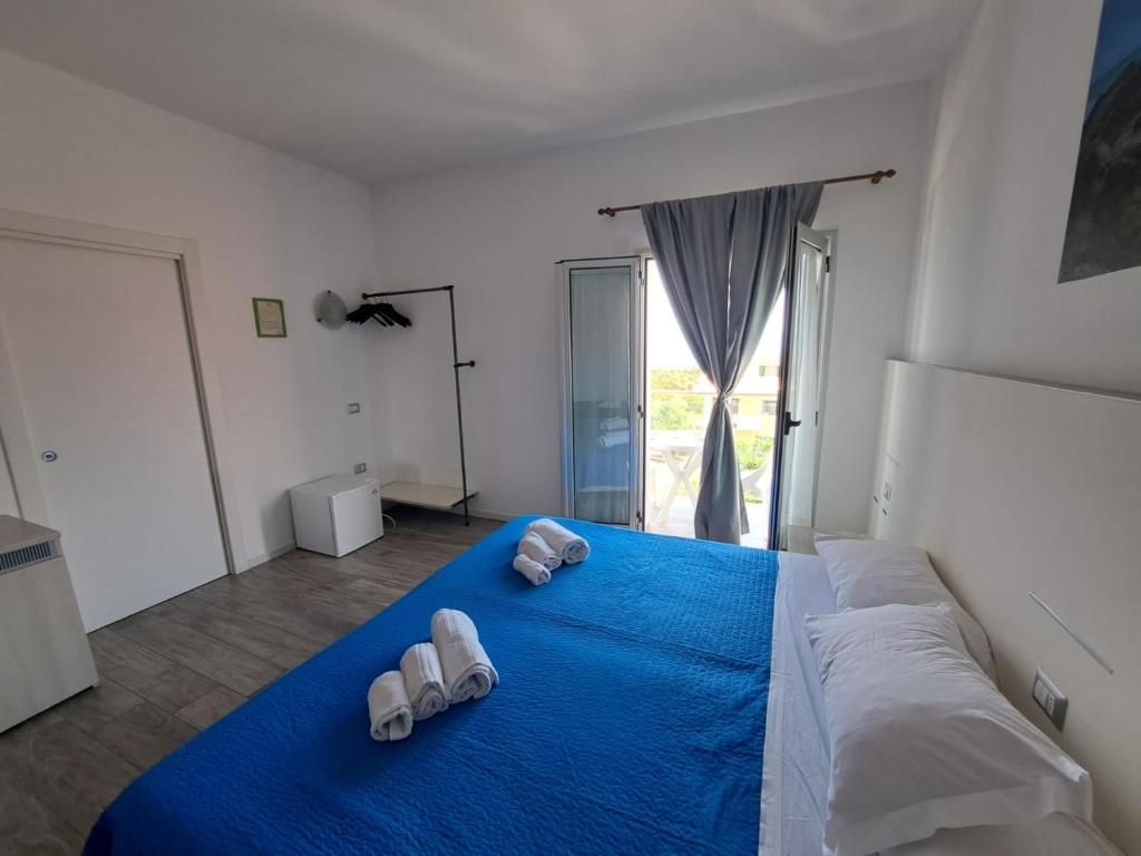 Habitación de hotel con cama, escritorio, silla, ventana con cortinas y puerta.