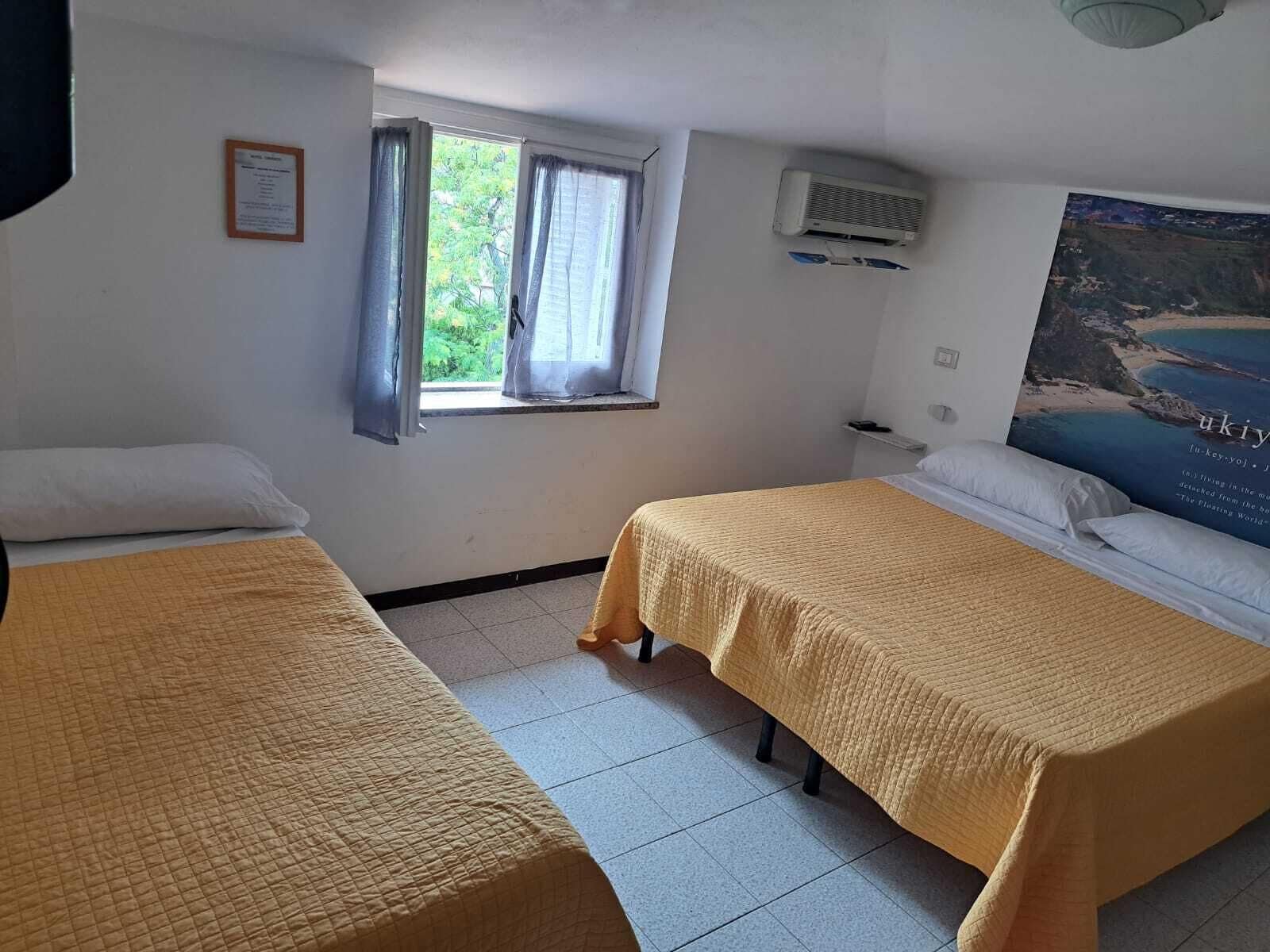 Une chambre avec deux lits, une fenêtre avec des rideaux, un appareil de climatisation et une affiche au mur.
