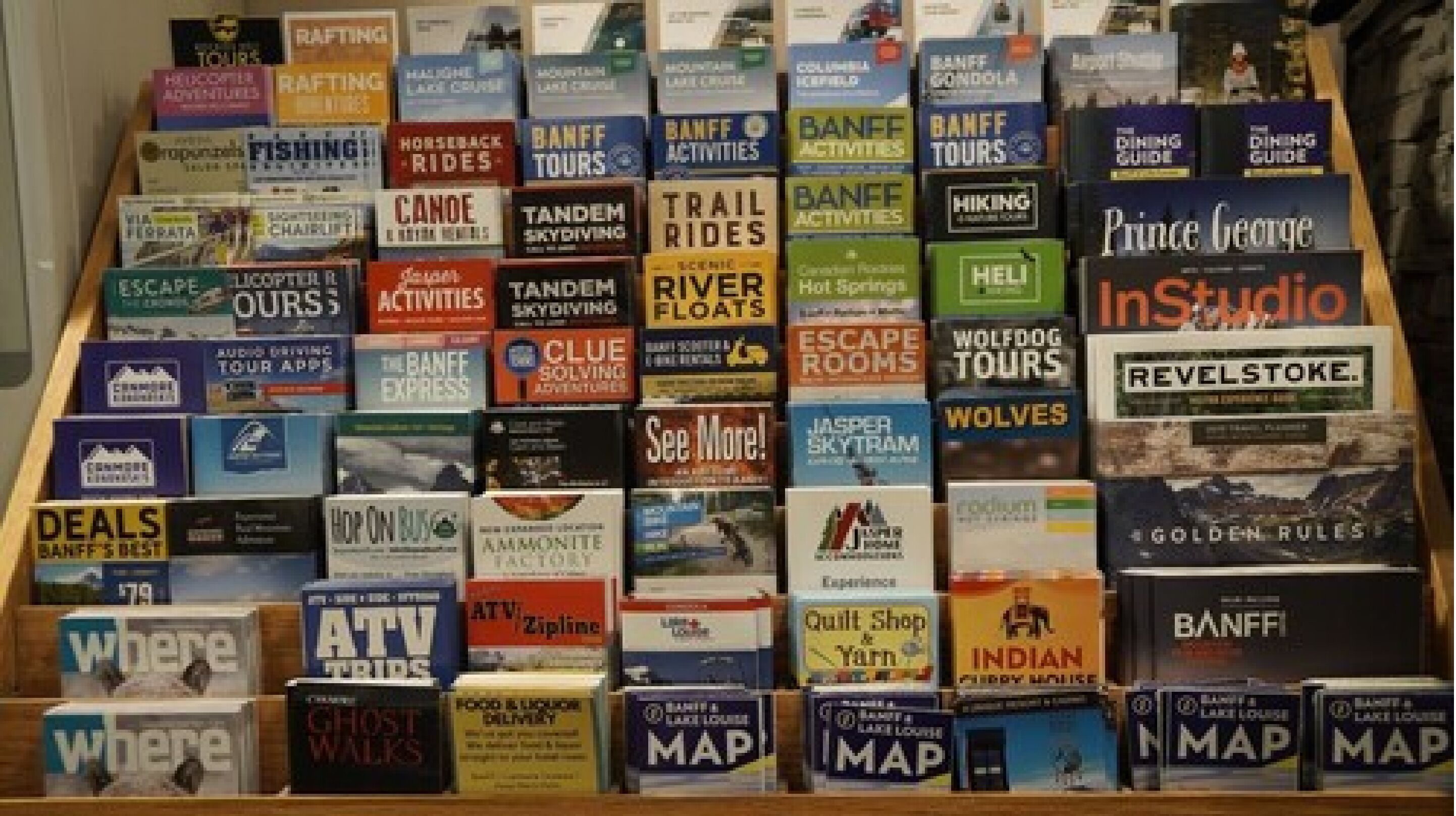 A collection of travel guide books arranged on shelves.