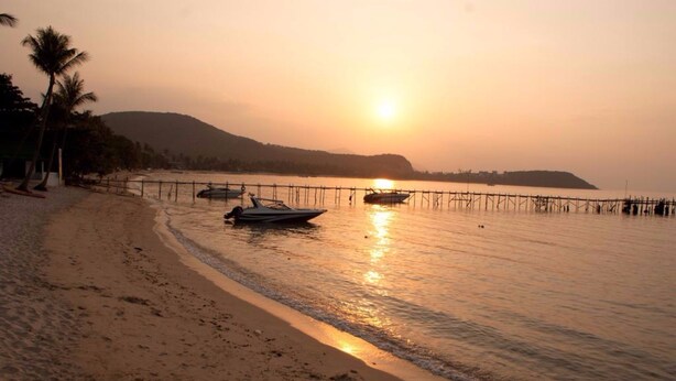 Una playa con barcos, un muelle de madera y palmeras al atardecer.