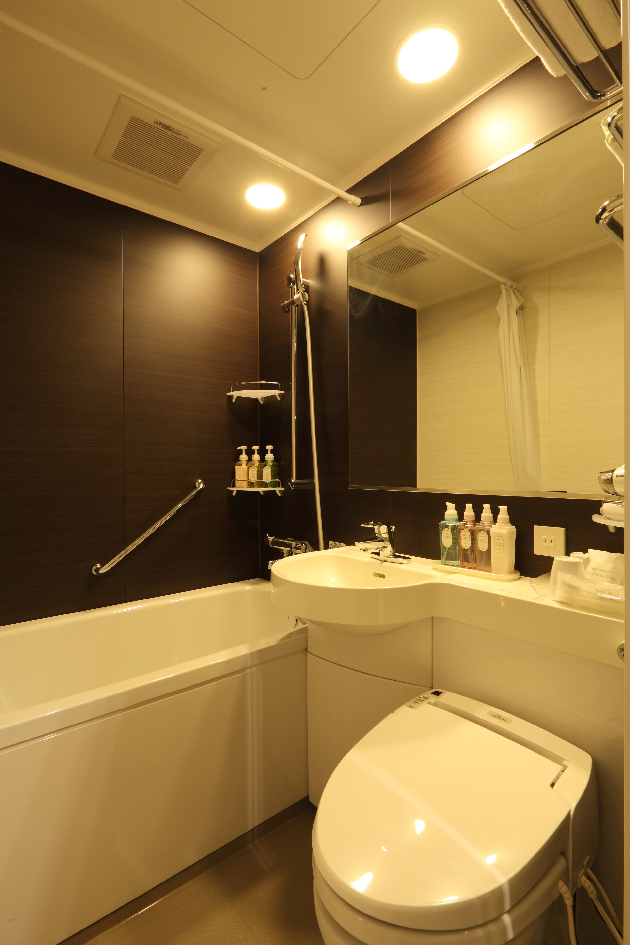 combined shower/bathtub, free toiletries, hair dryer, slippers