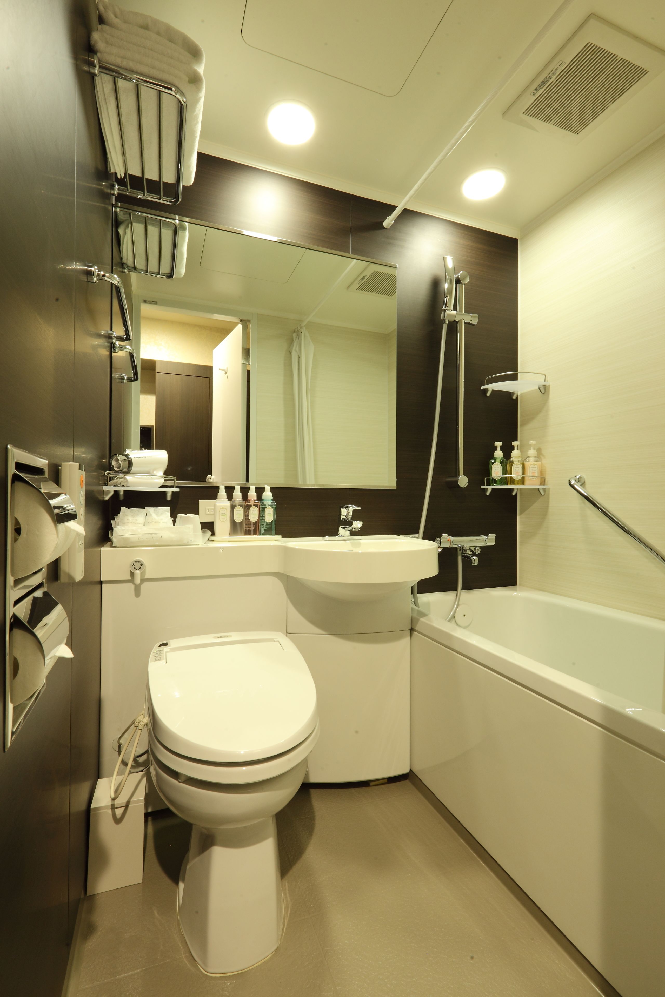 combined shower/bathtub, free toiletries, hair dryer, slippers