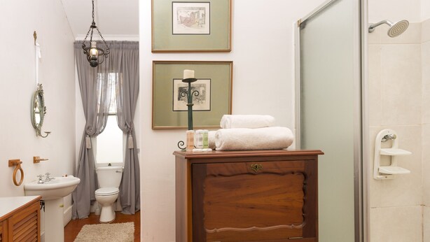 A bathroom with a wooden cabinet, a sink, a toilet, and a shower. - Royston Hall Guesthouse (Port Shepstone)
