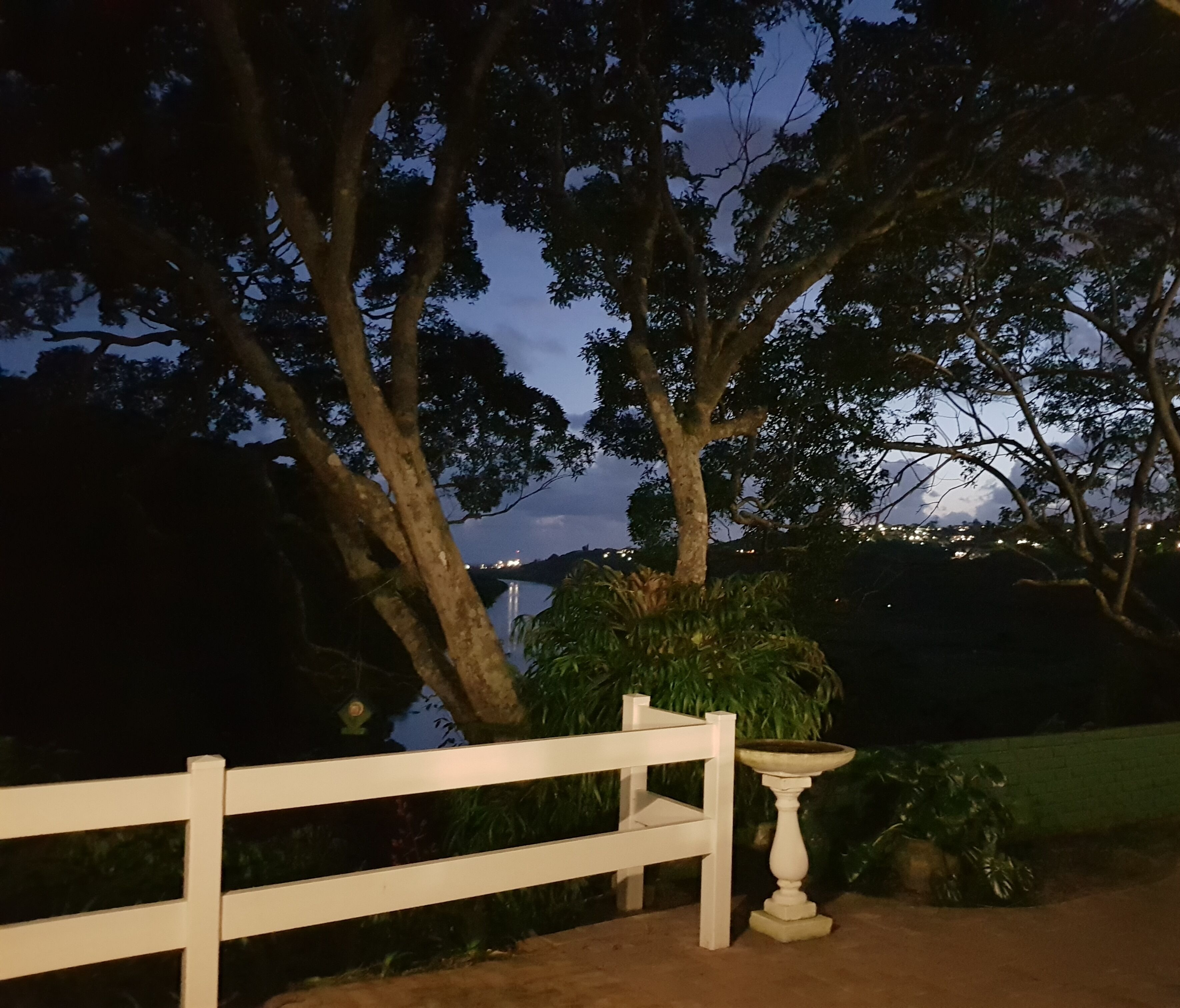 Un banco de madera blanca con un abrevadero cerca, frente a un fondo de árboles y una vista distante de un paisaje urbano al atardecer.