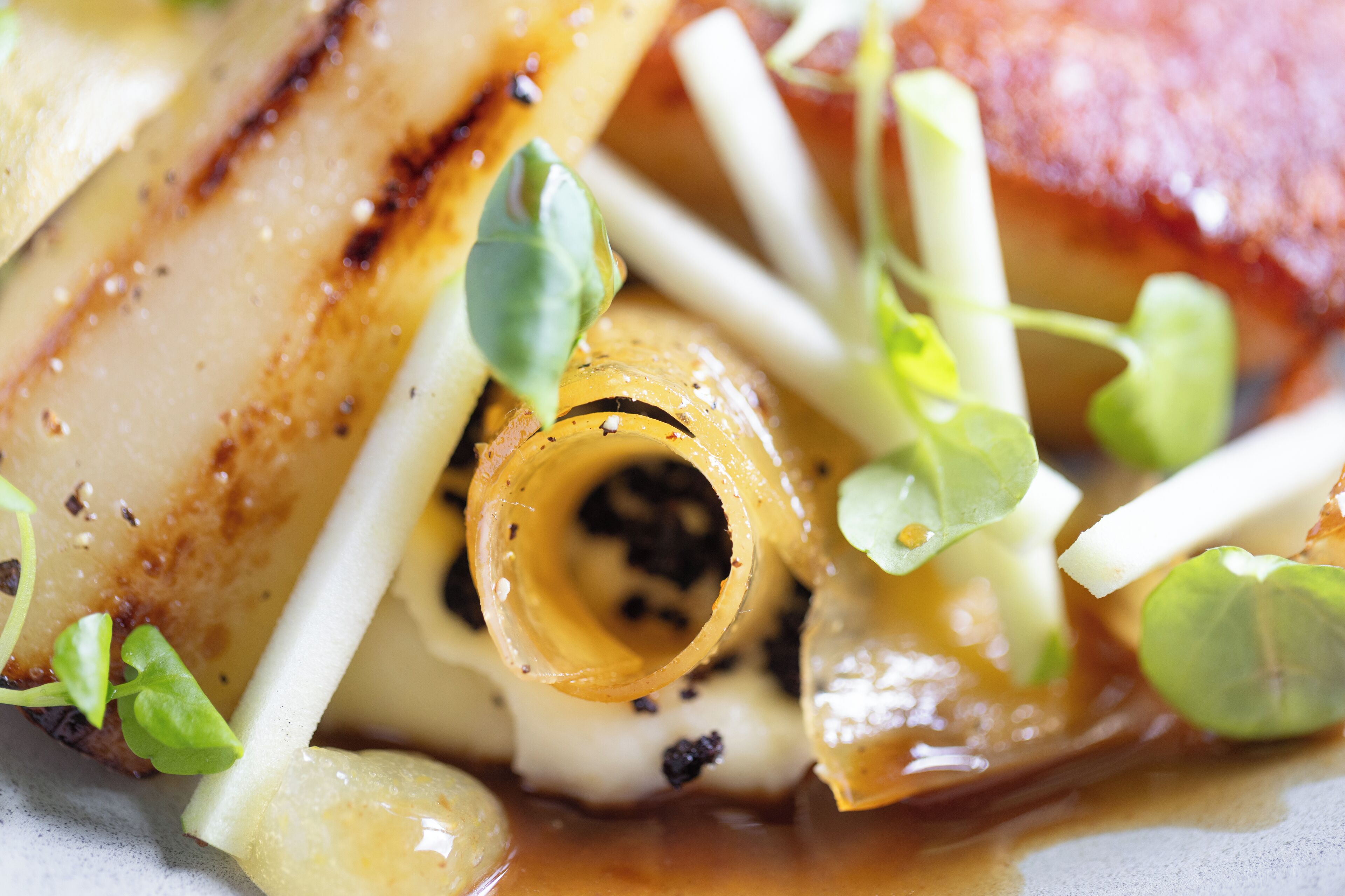 A close-up of a dish with grilled meat, vegetables, and a sauce.