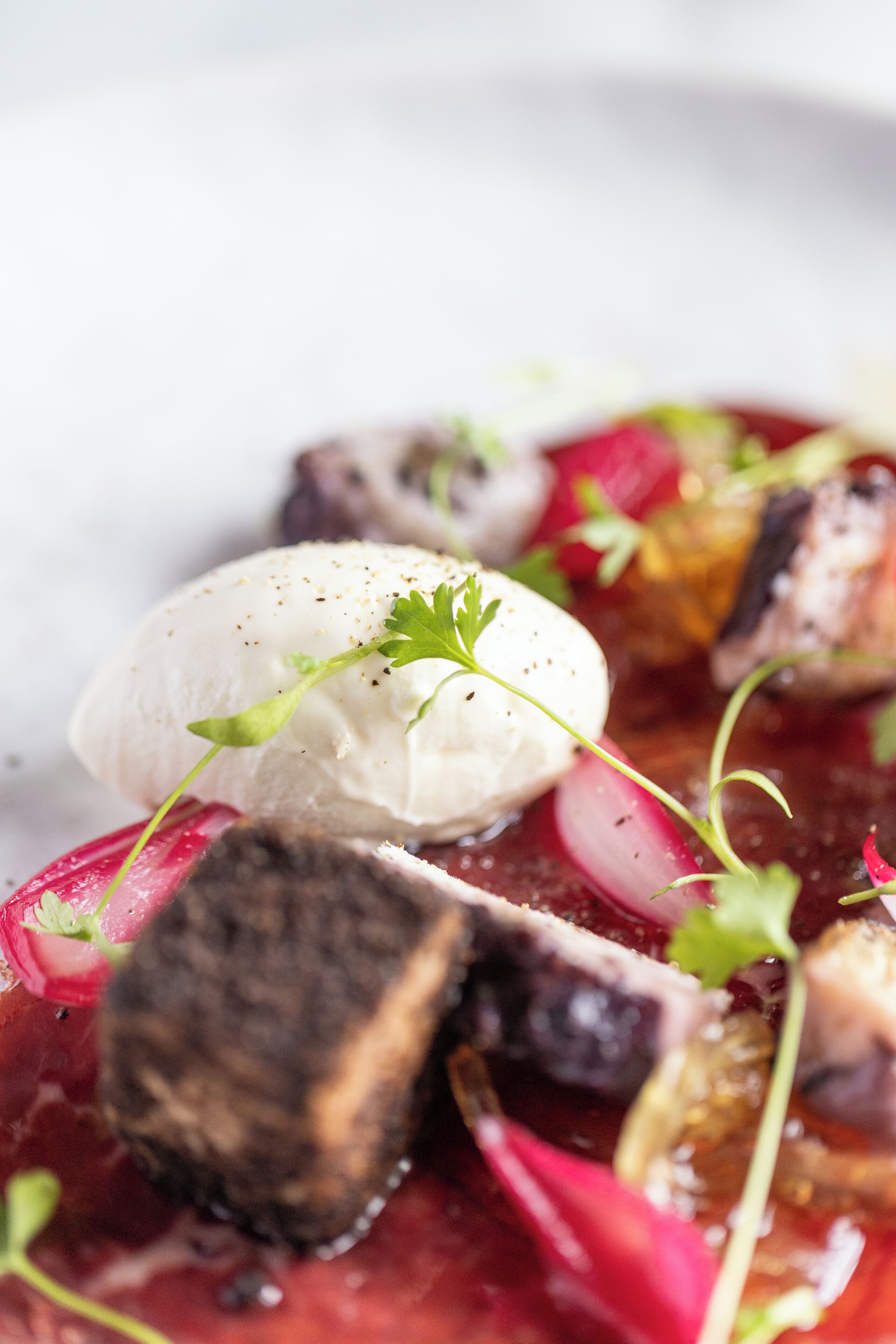 A close-up of a dish with a poached egg, radishes, and mushrooms.