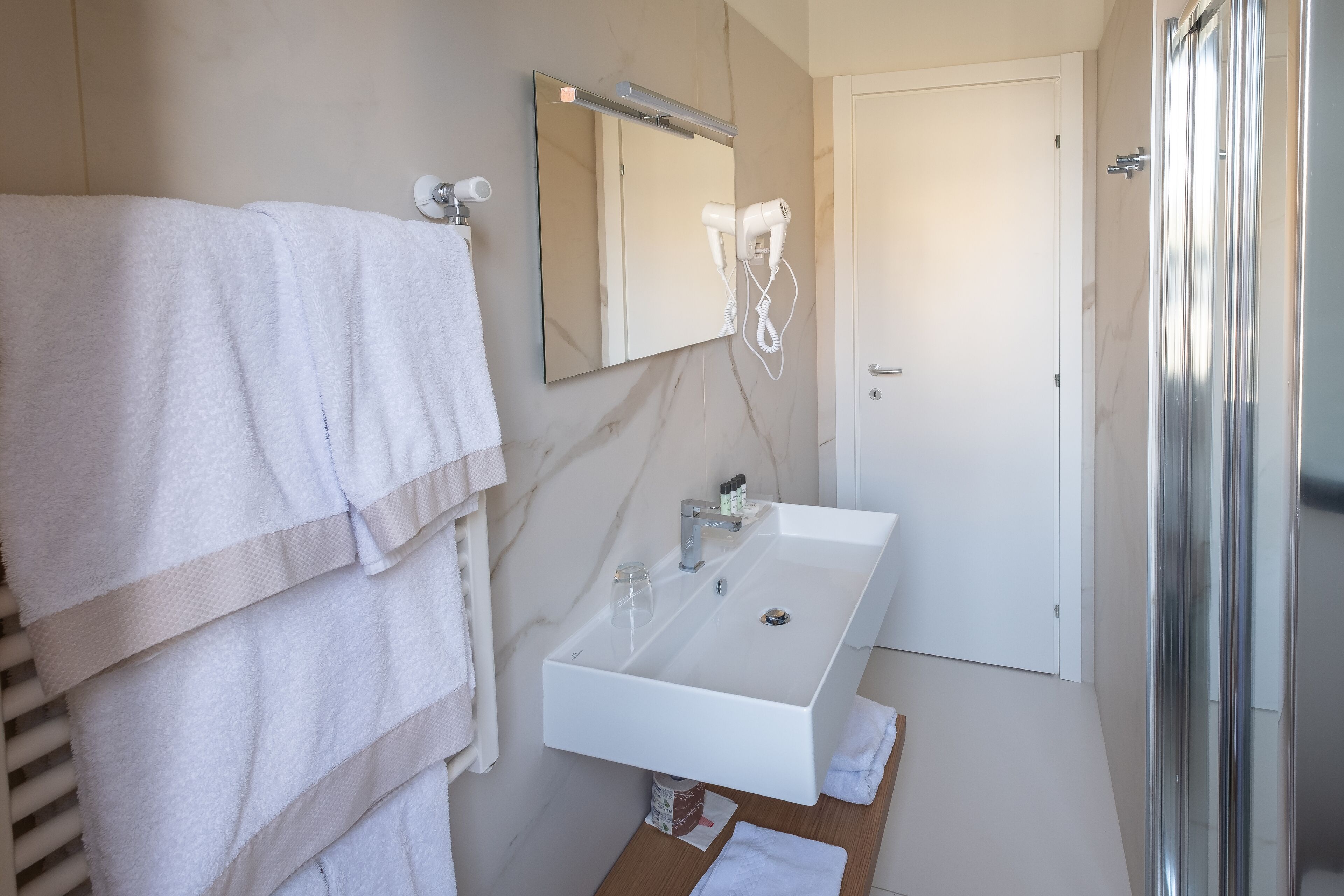 free toiletries, hair dryer, towels