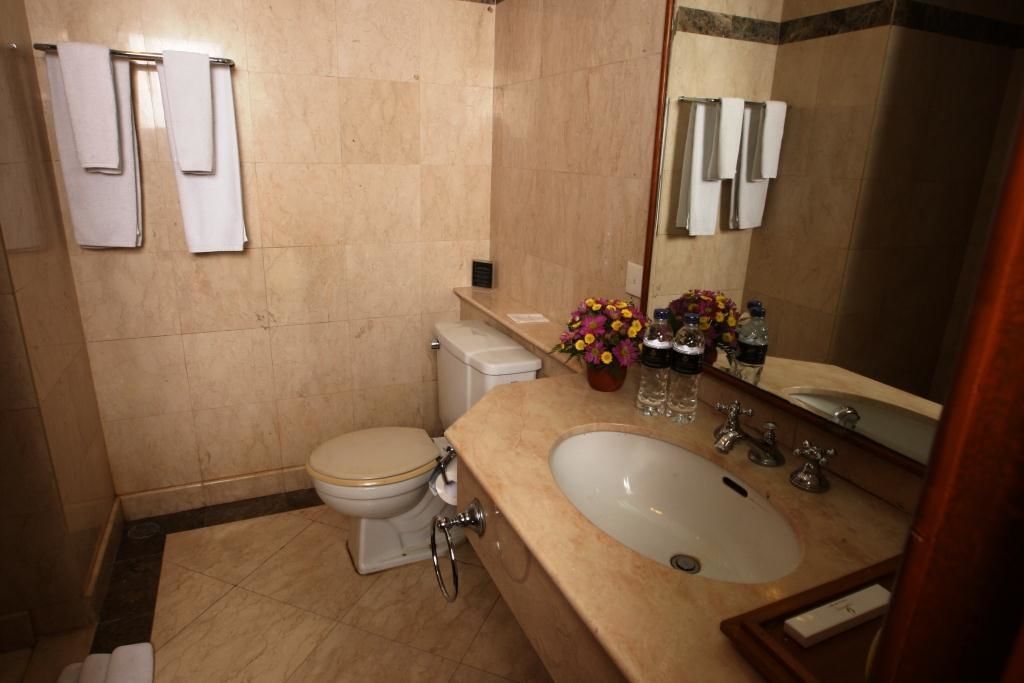 A bathroom with a toilet, sink, and mirror. There are towels hanging on the wall and a flower arrangement on the sink counter.