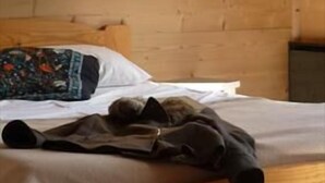 A wooden cabin room with a bed, a wall-mounted lamp, and a window. - La Résidence (La Clusaz)