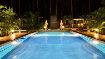 Outdoor pool, pool umbrellas, pool loungers