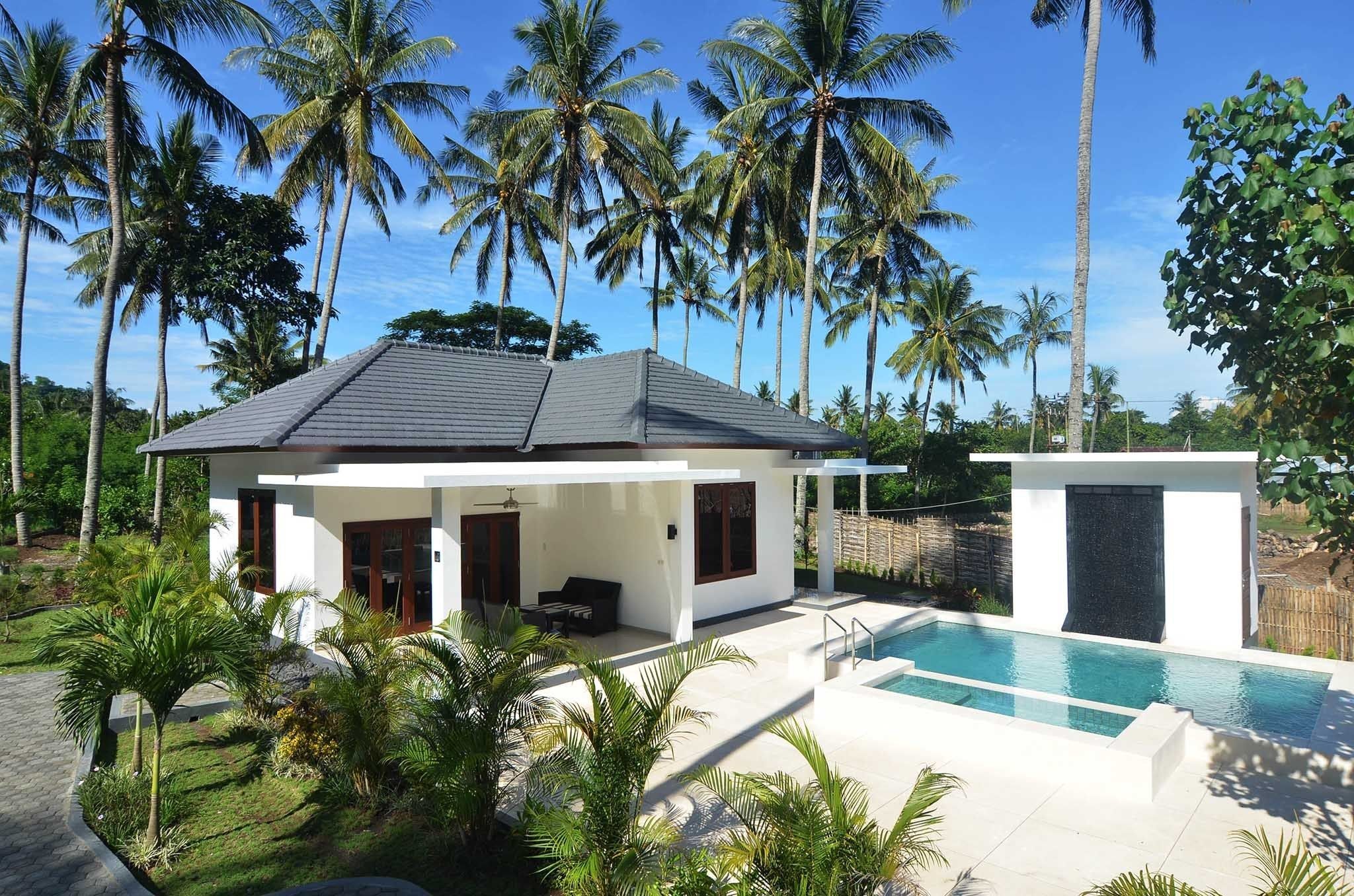 A modern house with a pool, surrounded by palm trees.