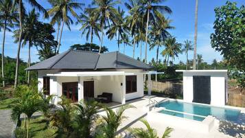 A modern house with a pool, surrounded by palm trees.