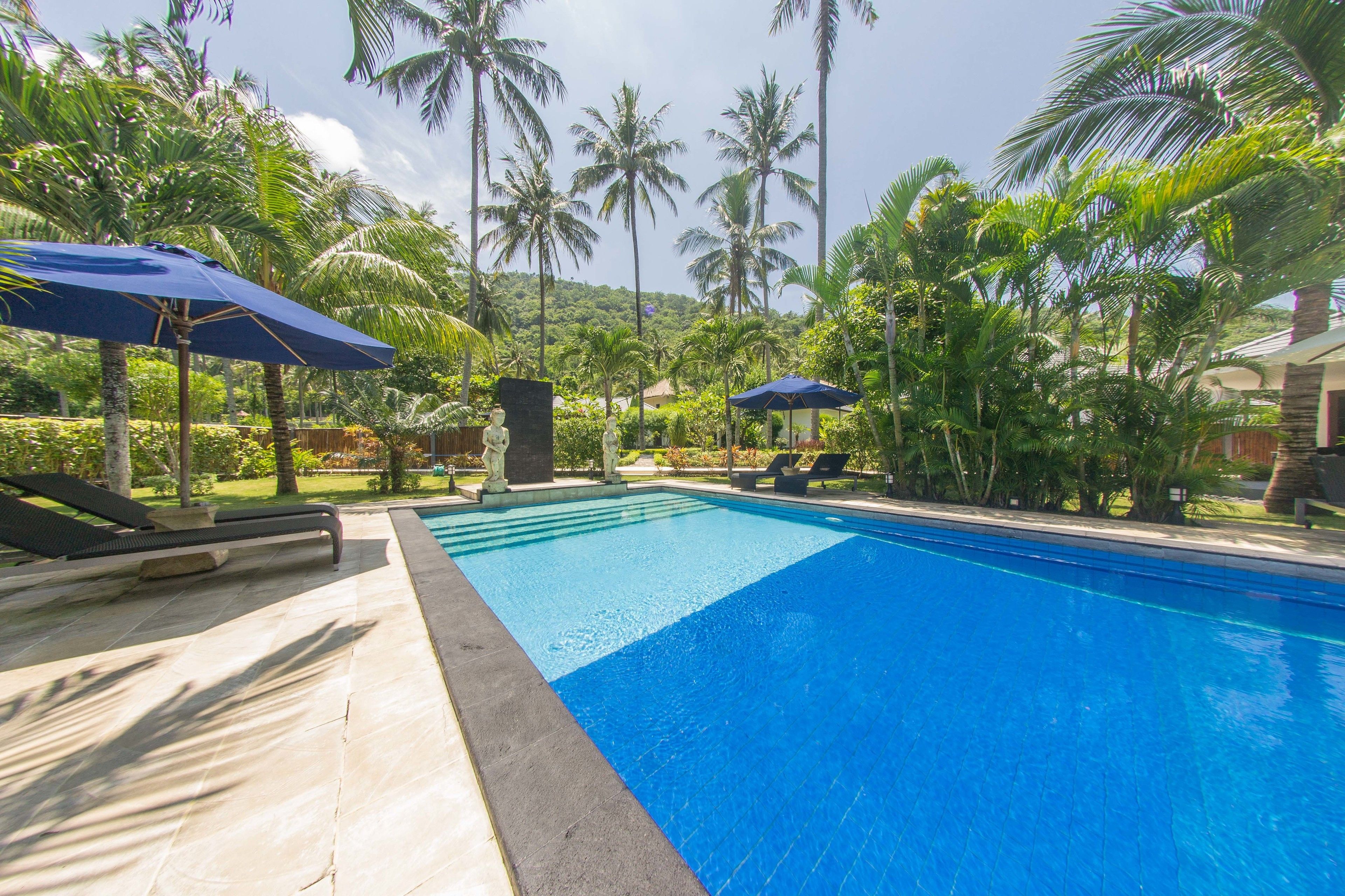 A swimming pool with lounge chairs and umbrellas, surrounded by palm trees and a stone pathway.