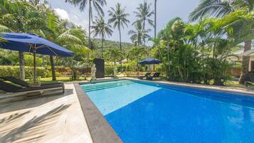 A swimming pool with lounge chairs and umbrellas, surrounded by palm trees and a stone pathway.