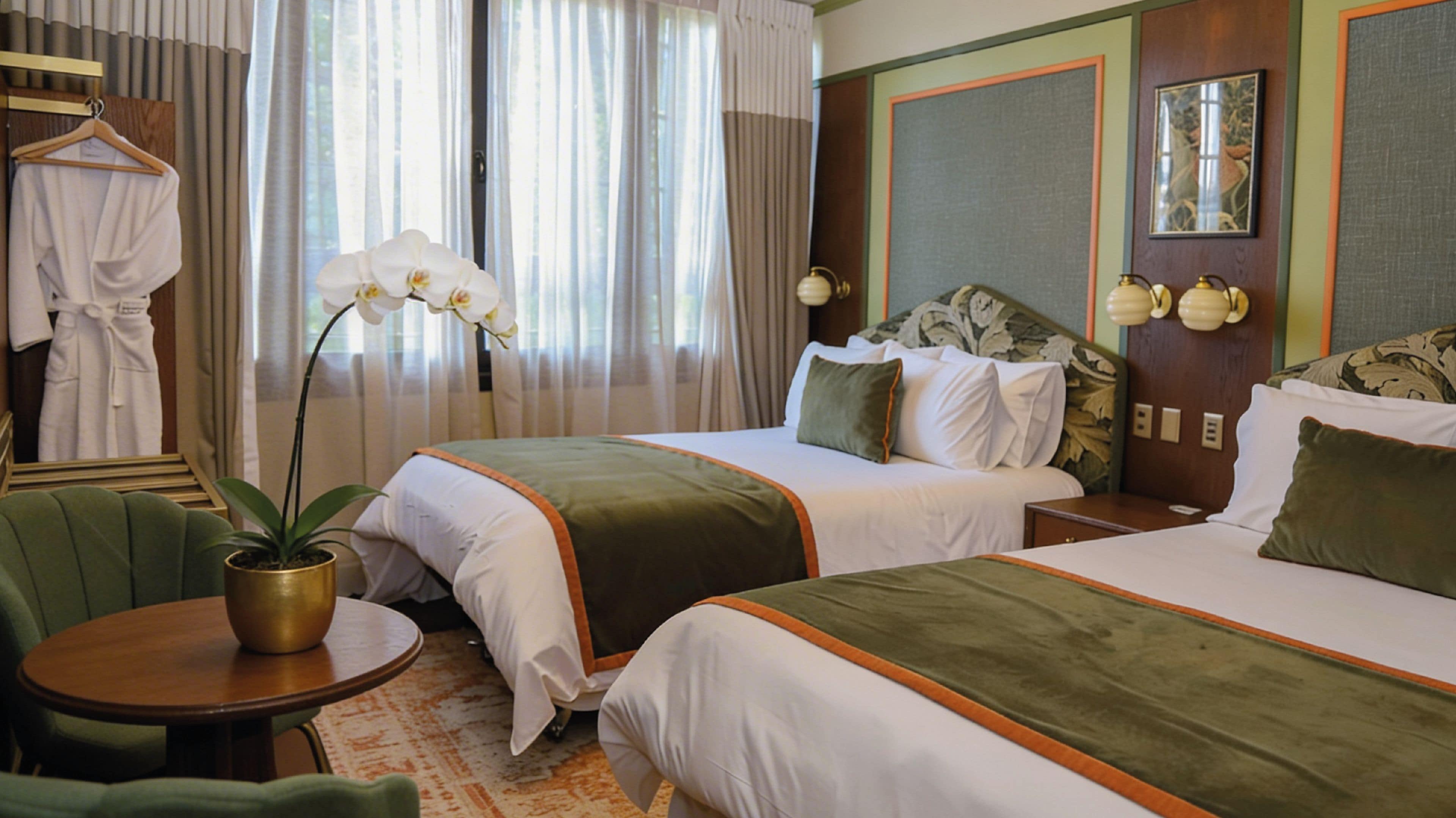 A hotel room with two beds, a sitting area with a table, and a potted plant.