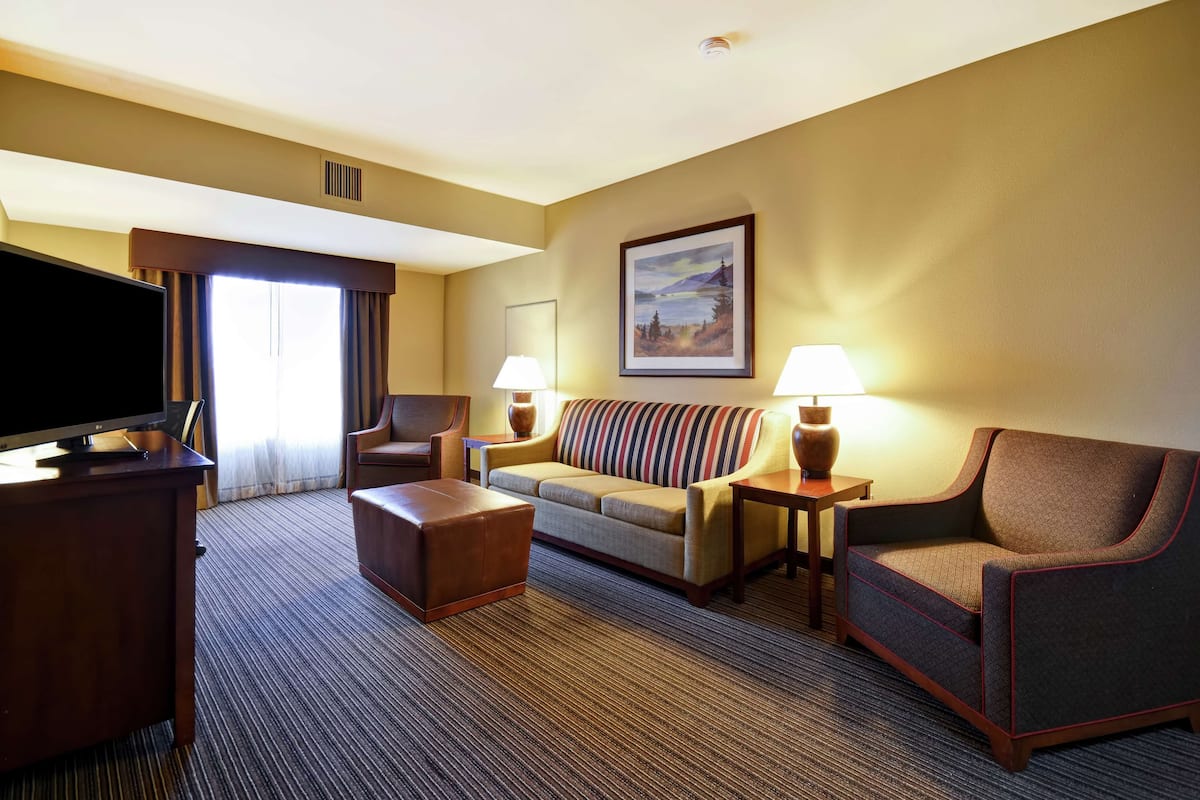 A hotel room with a sofa, armchair, ottoman, TV, lamps, and a painting on the wall.