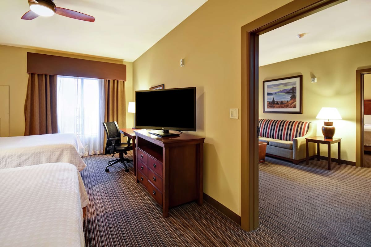 A hotel room with two beds, a desk with a television, a chair, a lamp, and a painting on the wall.