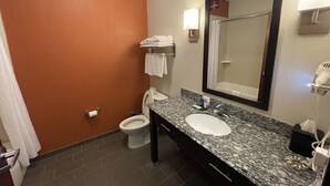 Un baño con lavamanos, espejo e inodoro.