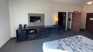 Una habitación de hotel con cama, escritorio, televisor de pantalla plana, lámpara y armario.