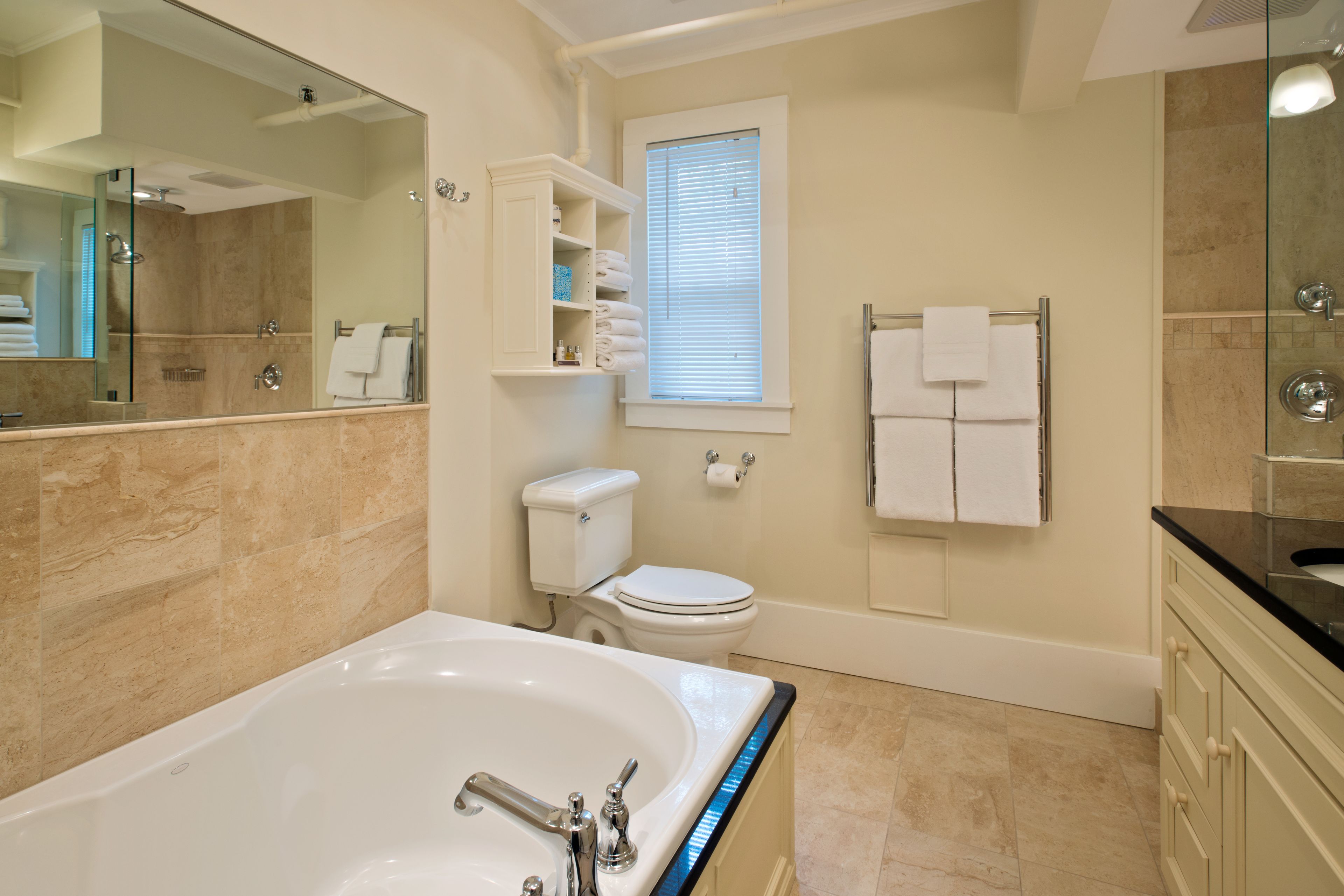 A modern bathroom with a large bathtub, a toilet, and a shower.