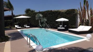 Seasonal outdoor pool, sun loungers