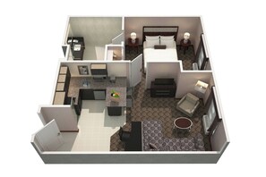 A 3D floor plan of a hotel room with a separate kitchenette, a bed with two pillows, a small desk, a chair, a sofa, a round table, and a patterned rug.