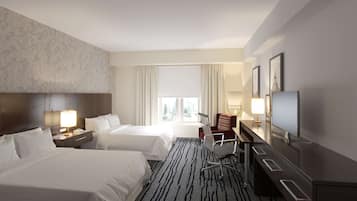 A hotel room with two beds, a desk, a chair, a TV, and a window with curtains.