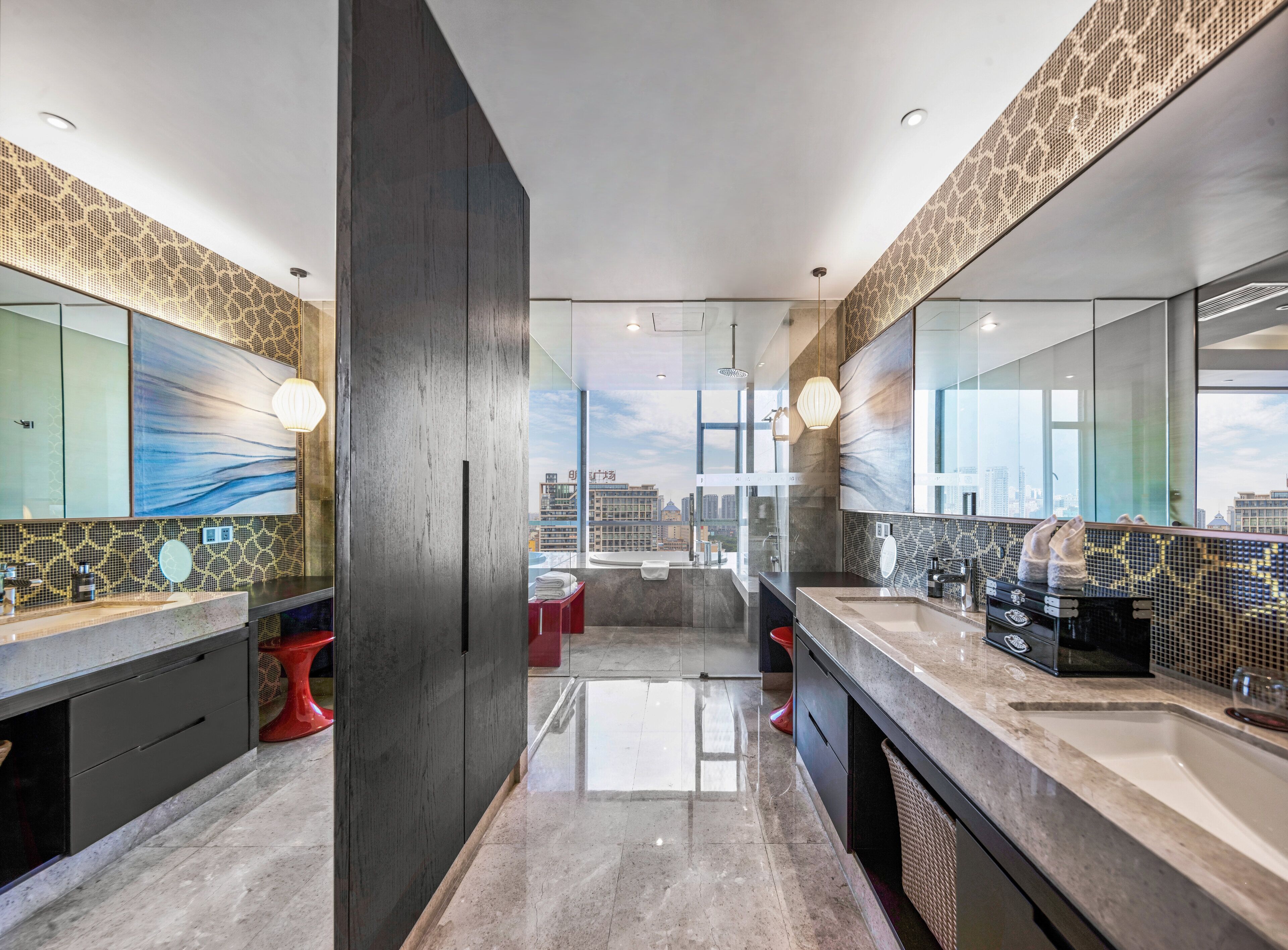 designer toiletries, hair dryer, bathrobes, slippers