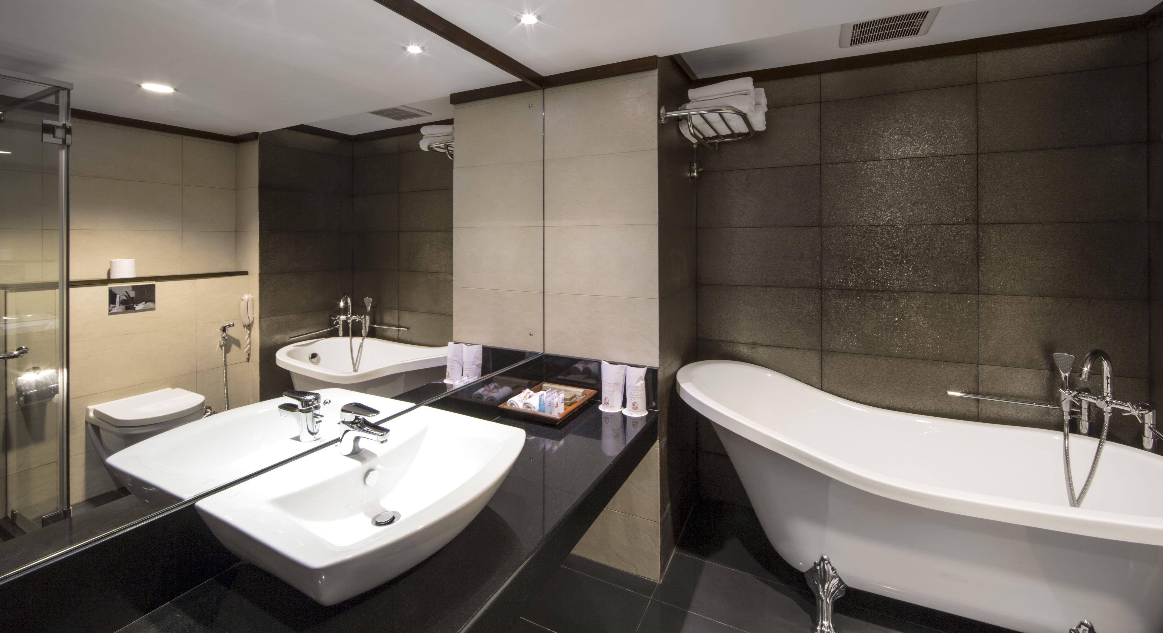 separate bathtub and shower, free toiletries, hair dryer, towels