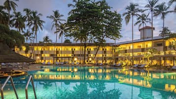 Outdoor pool, pool umbrellas, pool loungers