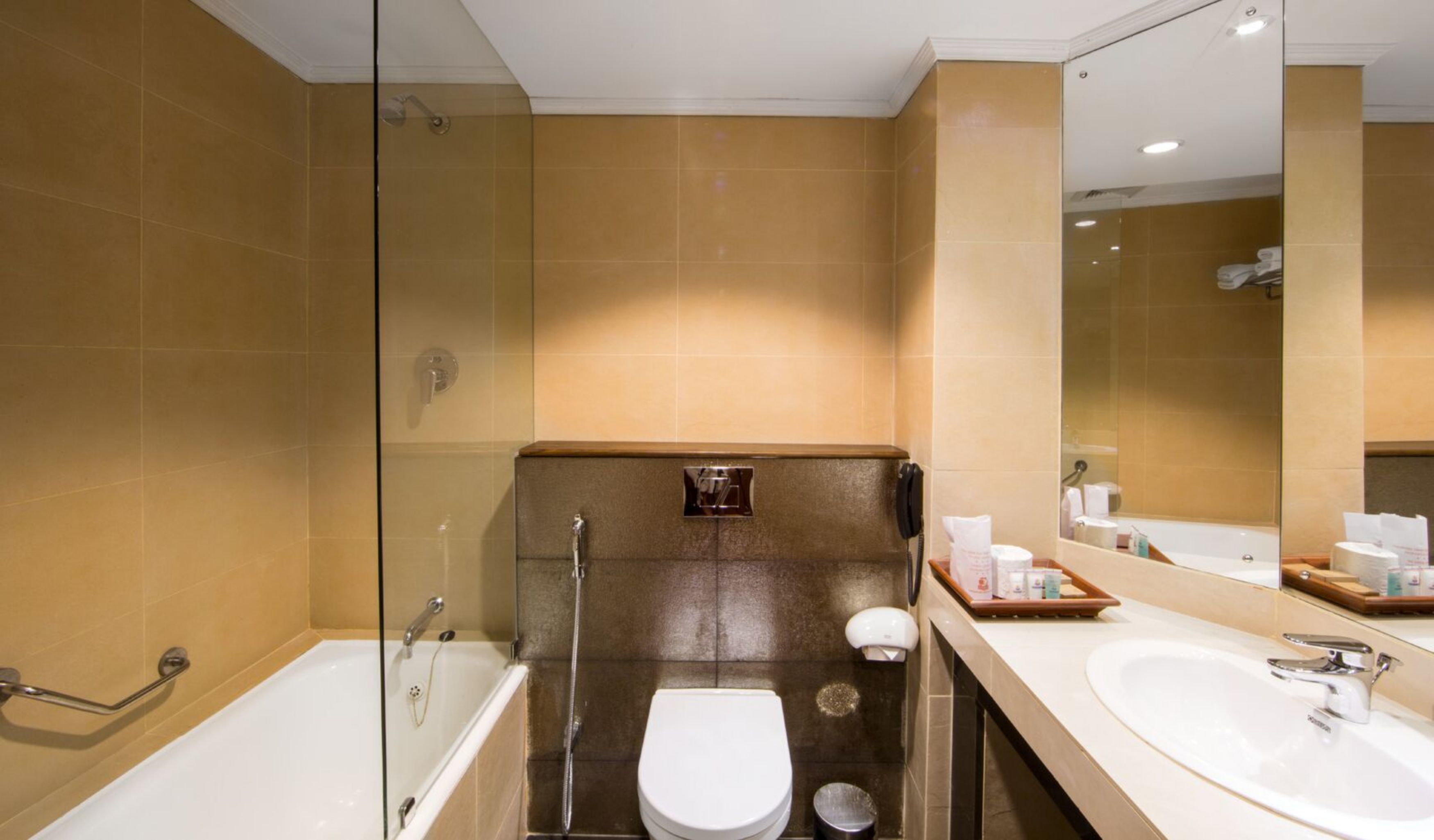 separate bathtub and shower, free toiletries, hair dryer, towels