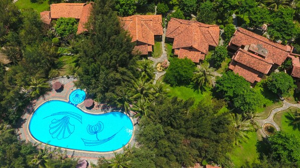 An aerial view of a residential area with a swimming pool featuring a dolphin design, surrounded by lush greenery and houses with red-tiled roofs.