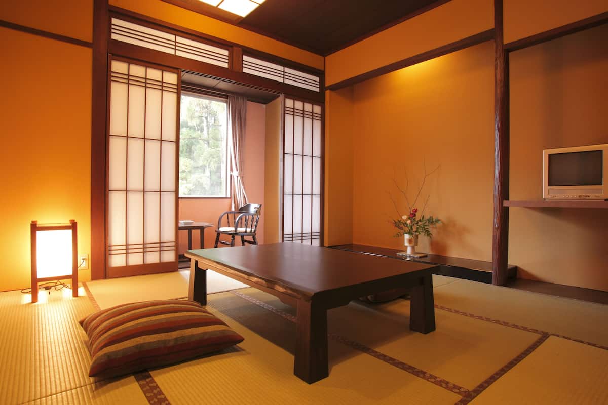 A traditional Japanese room with tatami flooring, a low table, a cushion, a TV, and a sliding door with a view of greenery outside.