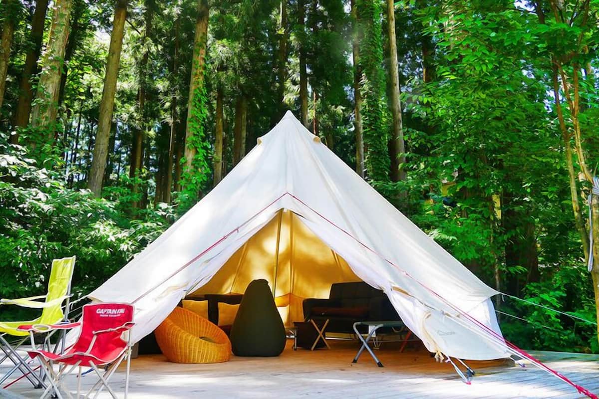 A tent with a table and chairs inside, surrounded by trees.