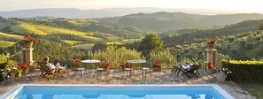 Outdoor pool, a rooftop pool, pool loungers