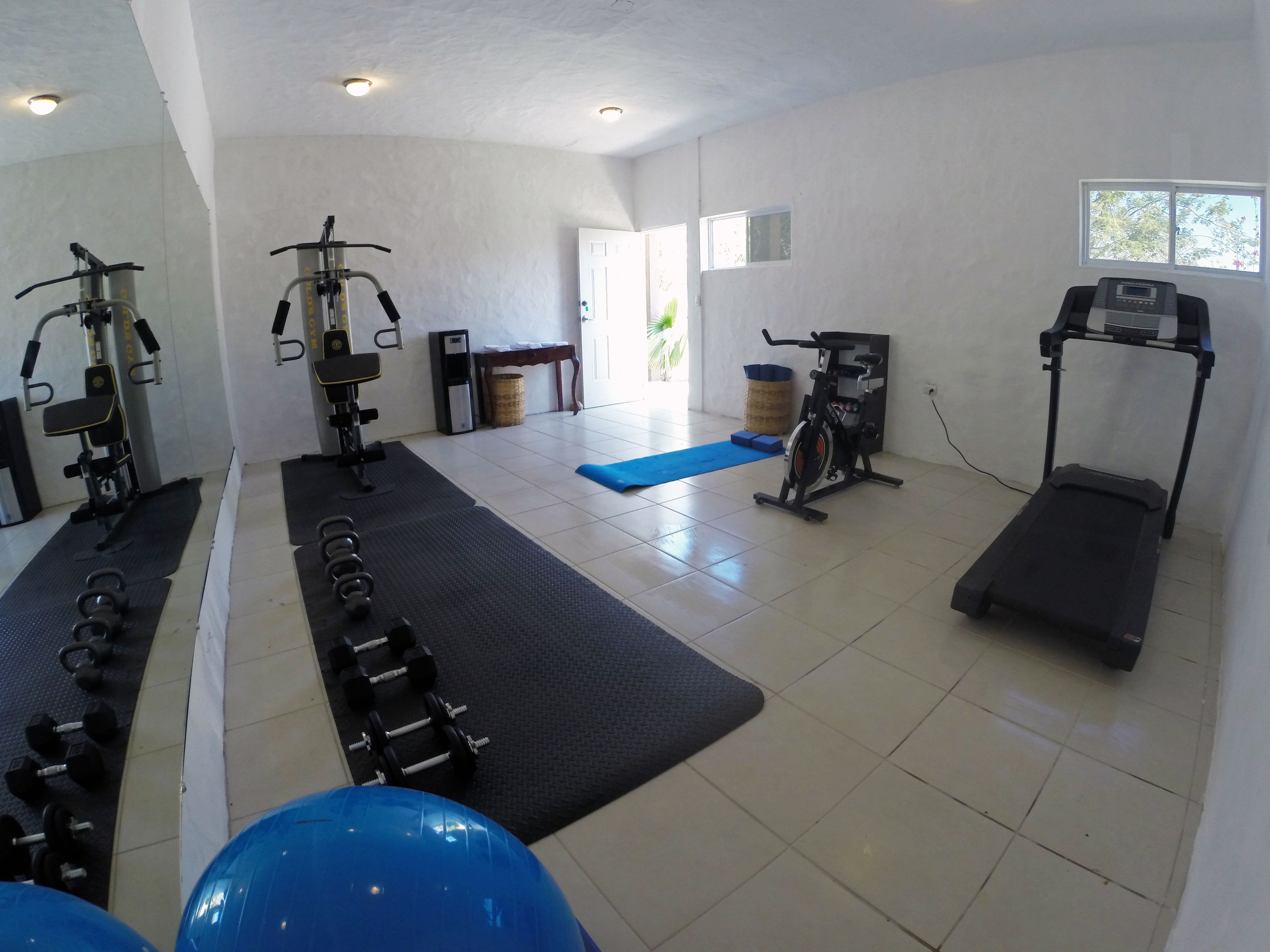 A gym with exercise equipment, a blue mat, and a treadmill.