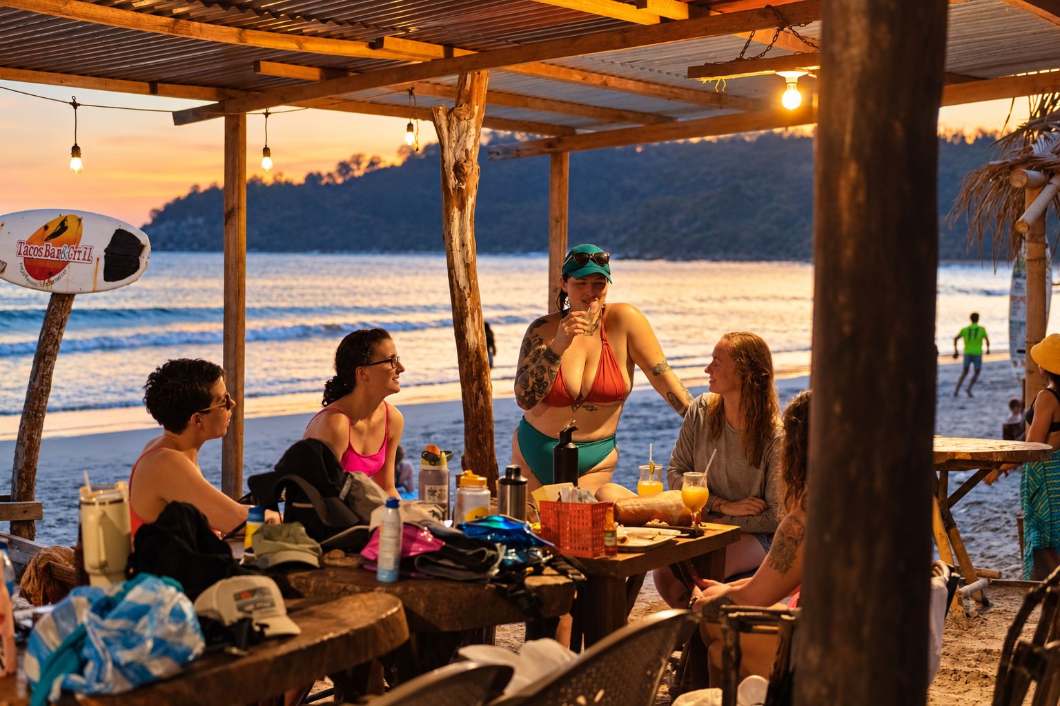 A beachside dining area with wooden tables and chairs, a sign for a restaurant, and a view of the ocean.