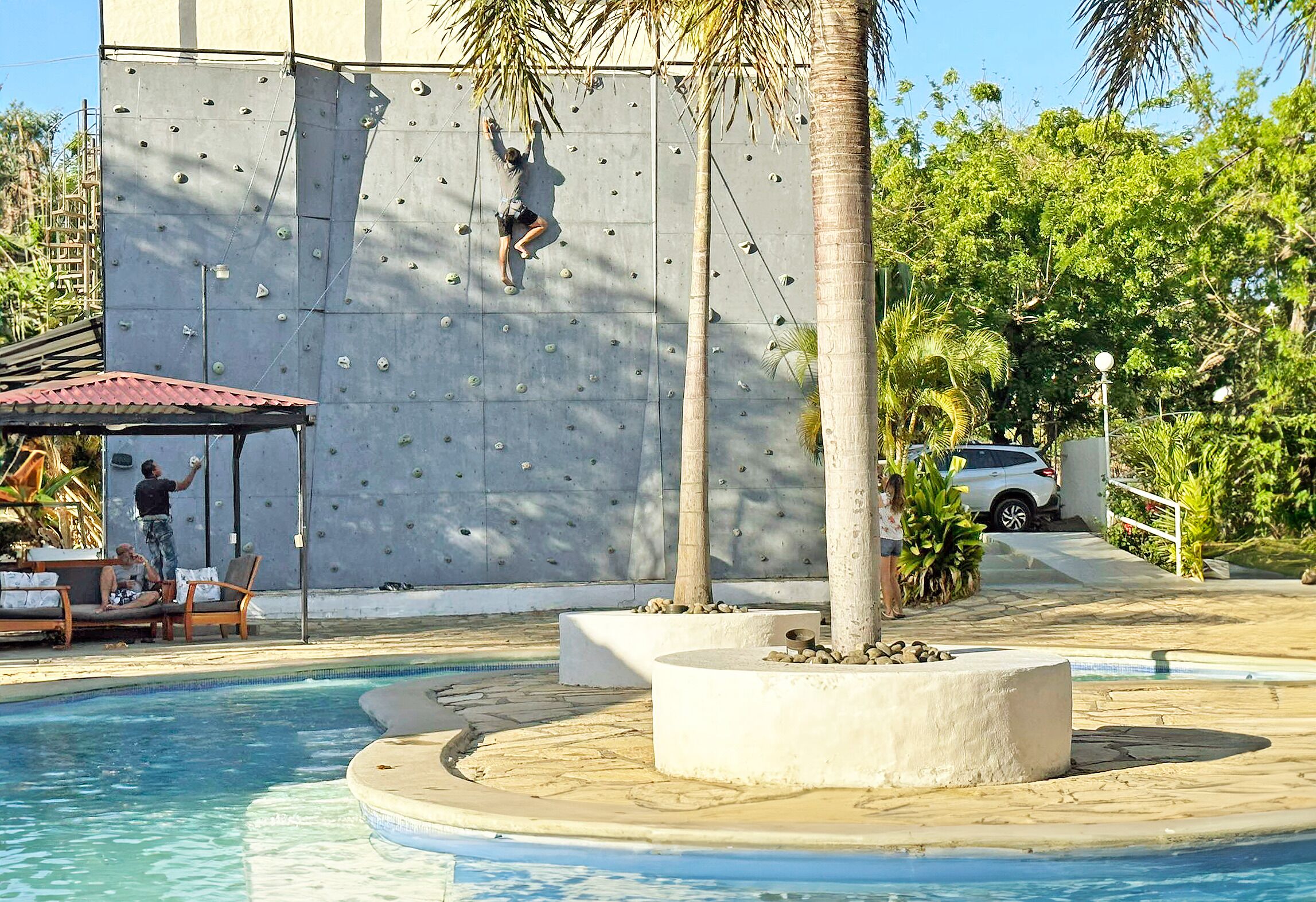 A rock climbing wall, a pool, lounge chairs, and palm trees.