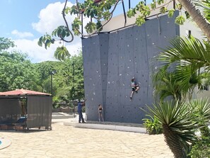 A climbing wall with a person climbing, a palm tree, and a building in the background. - Surf Ranch Hotel & Resort (San Juan del Sur)