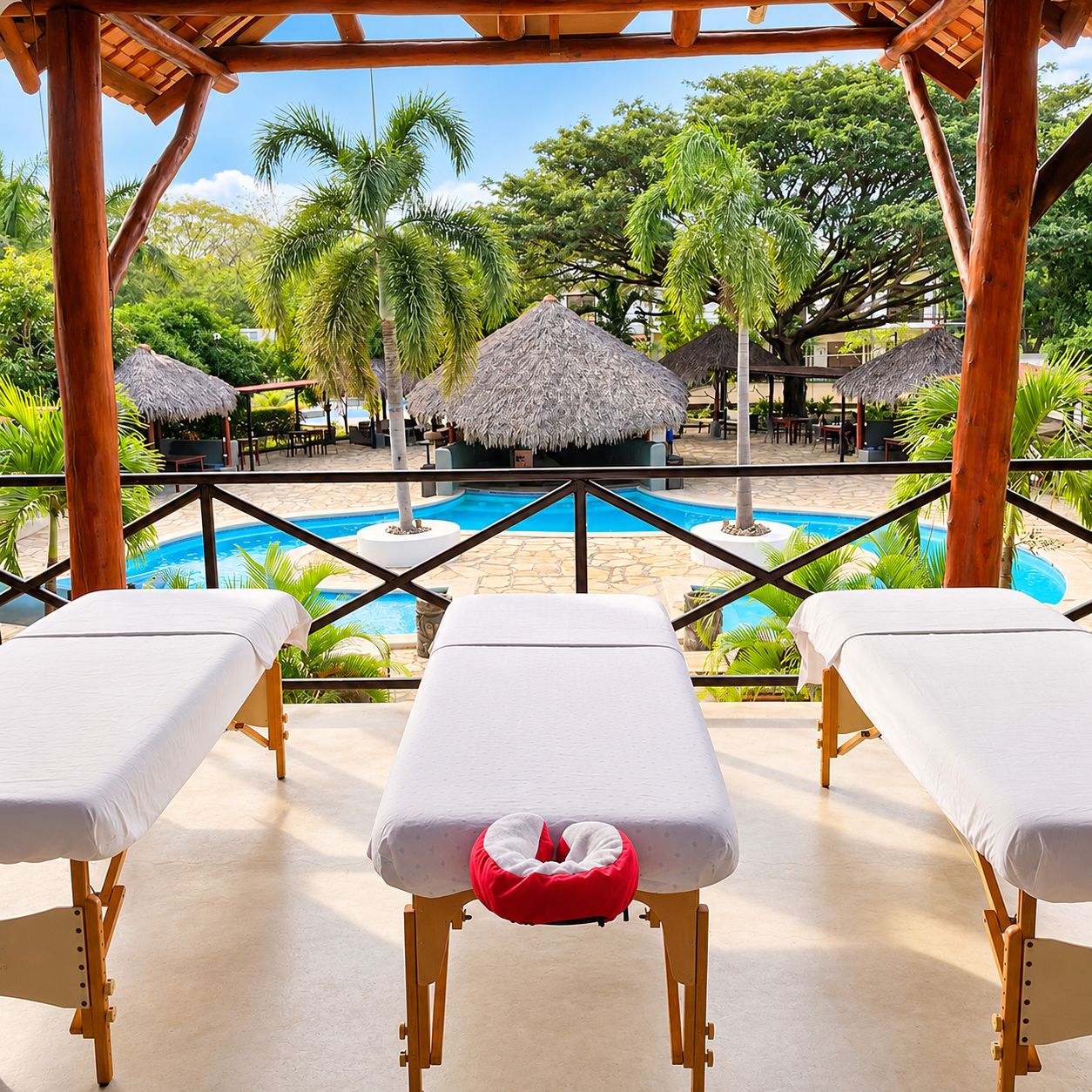 A poolside area with three sunbeds and a red cushion, surrounded by palm trees and a thatched-roof structure.