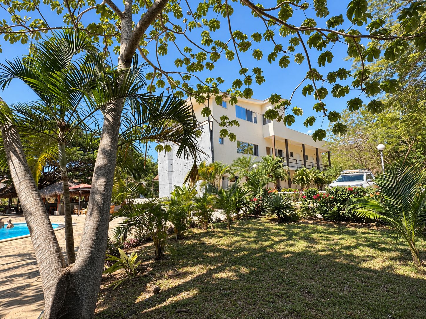 A hotel with a swimming pool, surrounded by palm trees and a well-maintained lawn.