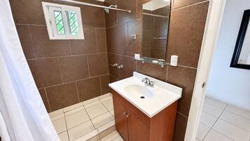 Un baño con ducha, lavabo y espejo.