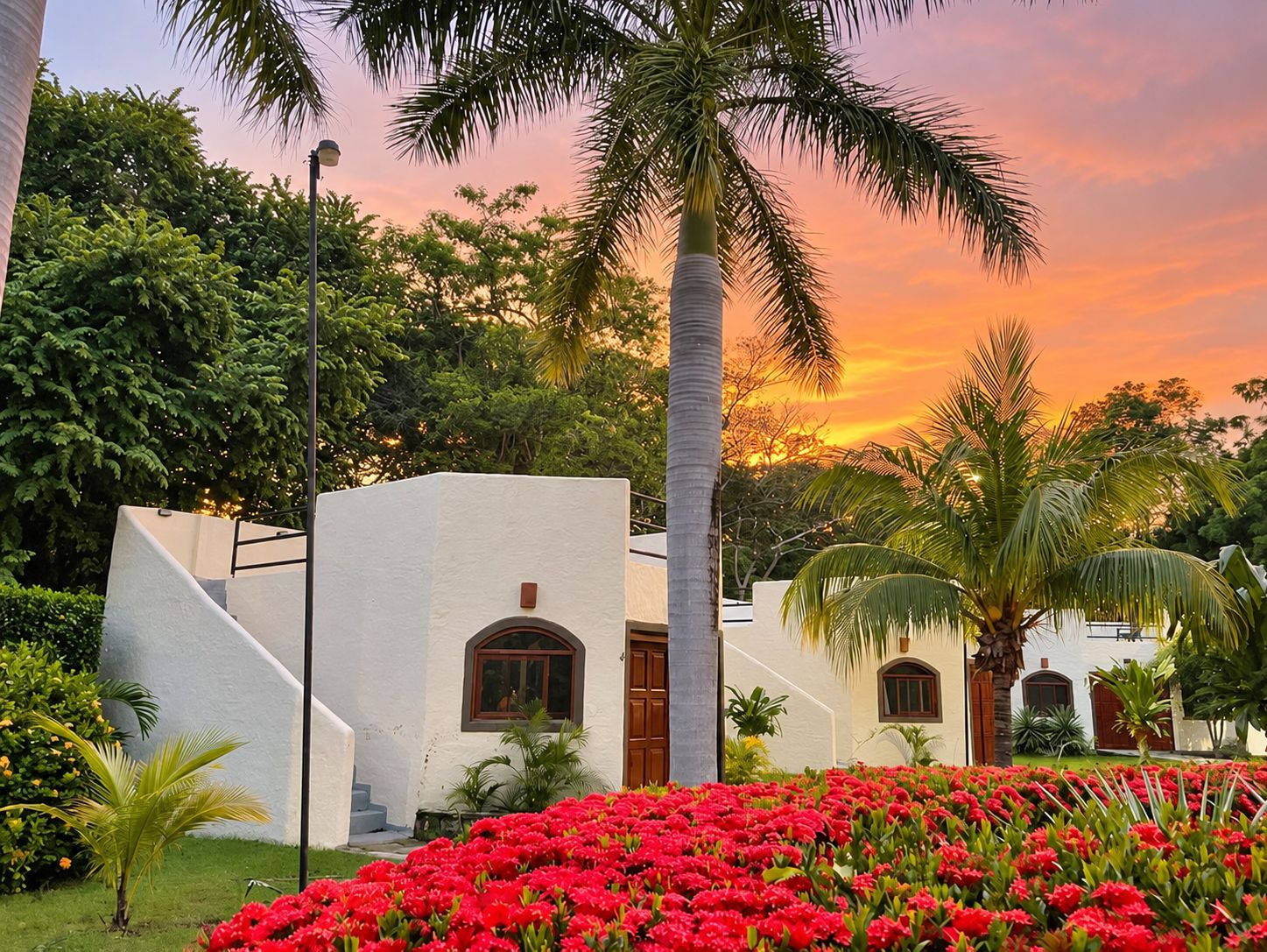 A white building with a staircase, palm trees, and a sunset.